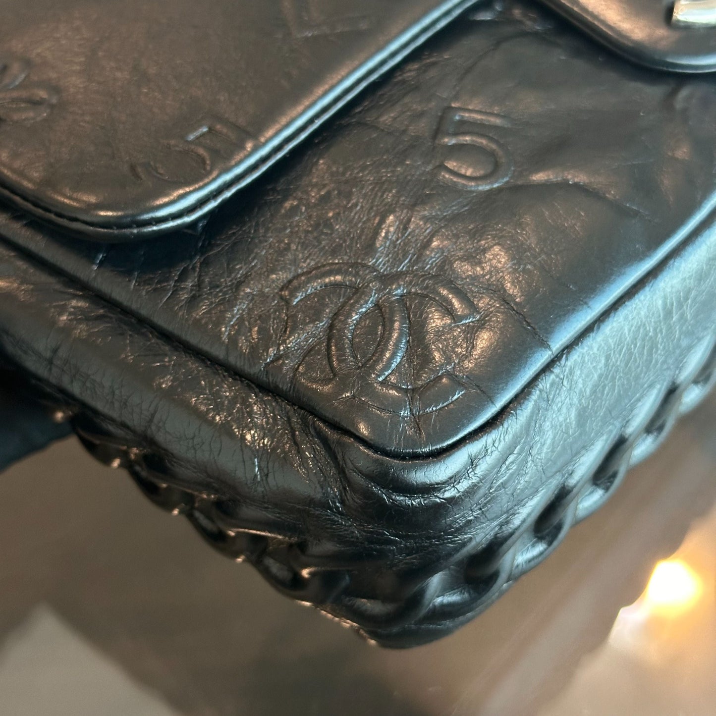 Seasonal Flap Previous Symbols Flap Bag Embossed Calfskin Black SHW No 19