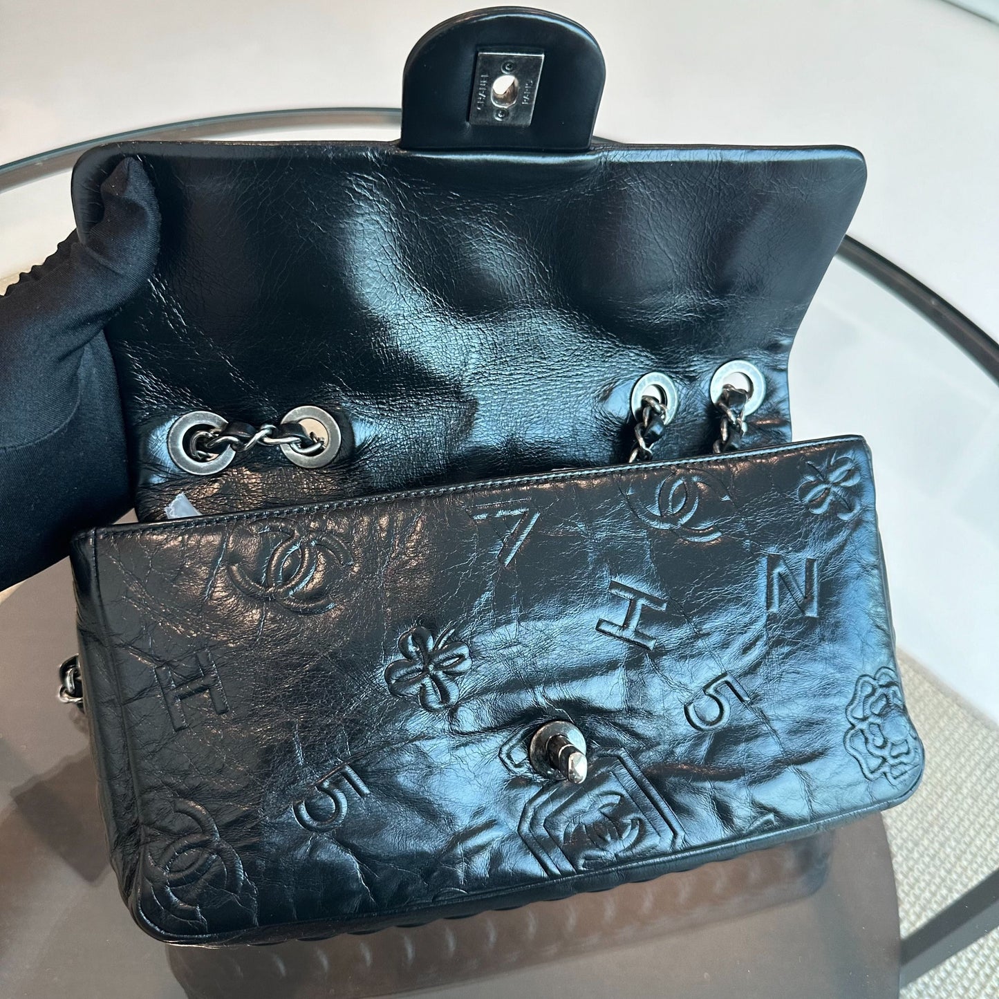 Seasonal Flap Previous Symbols Flap Bag Embossed Calfskin Black SHW No 19