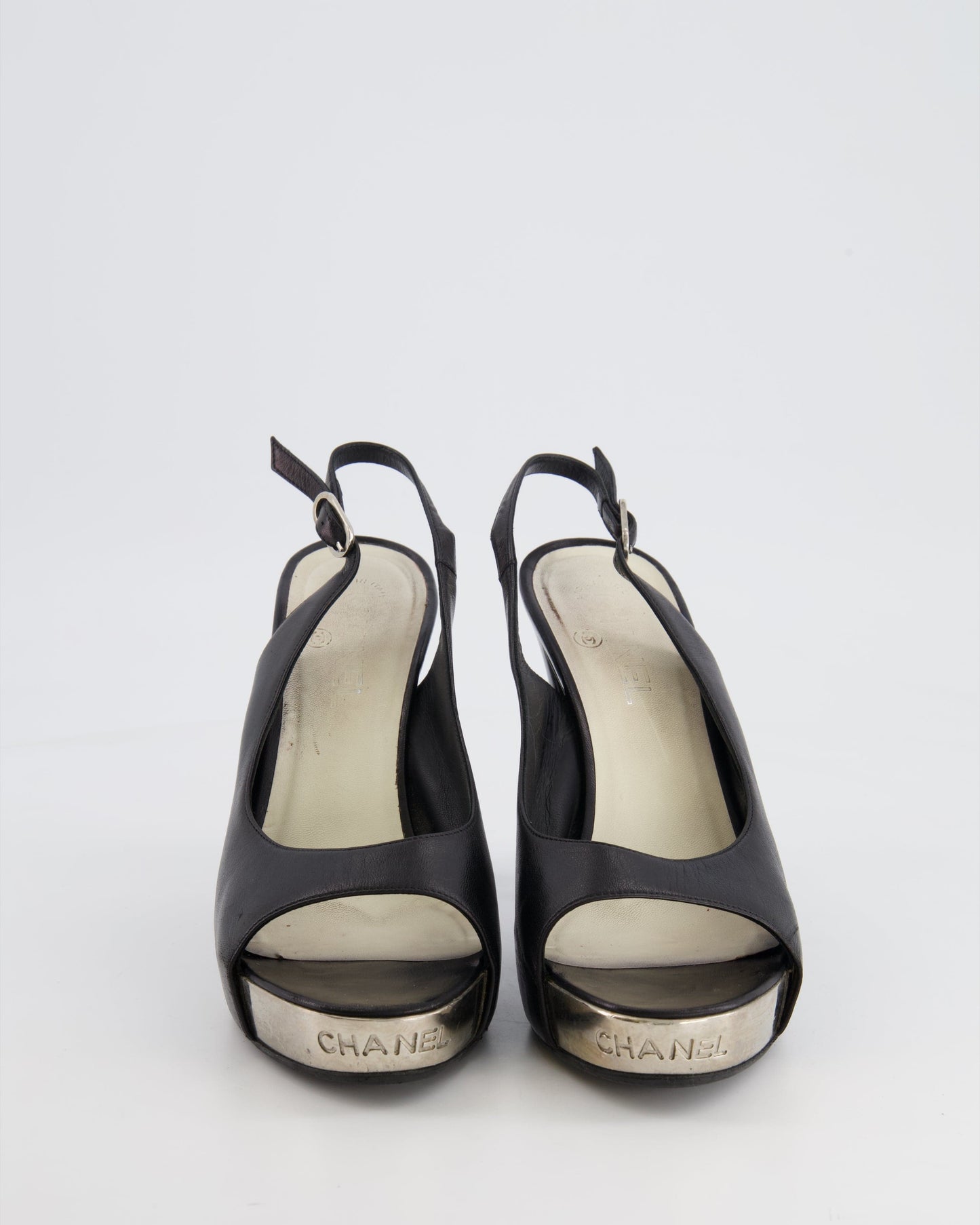 Chanel Black Matte Leather Pumps with Silver Logo Detail Size EU 38.5