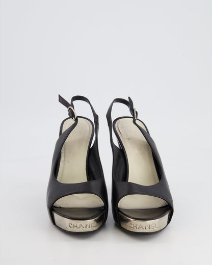 Chanel Black Matte Leather Pumps with Silver Logo Detail Size EU 38.5