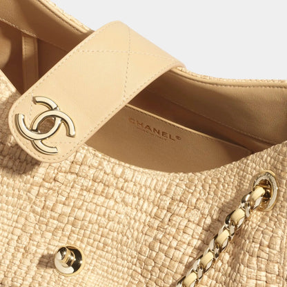 Shopping Bag Braided Raffia & Gold Tone Metal Beige