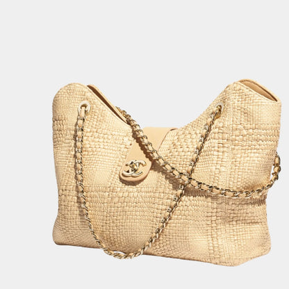 Shopping Bag Braided Raffia & Gold Tone Metal Beige