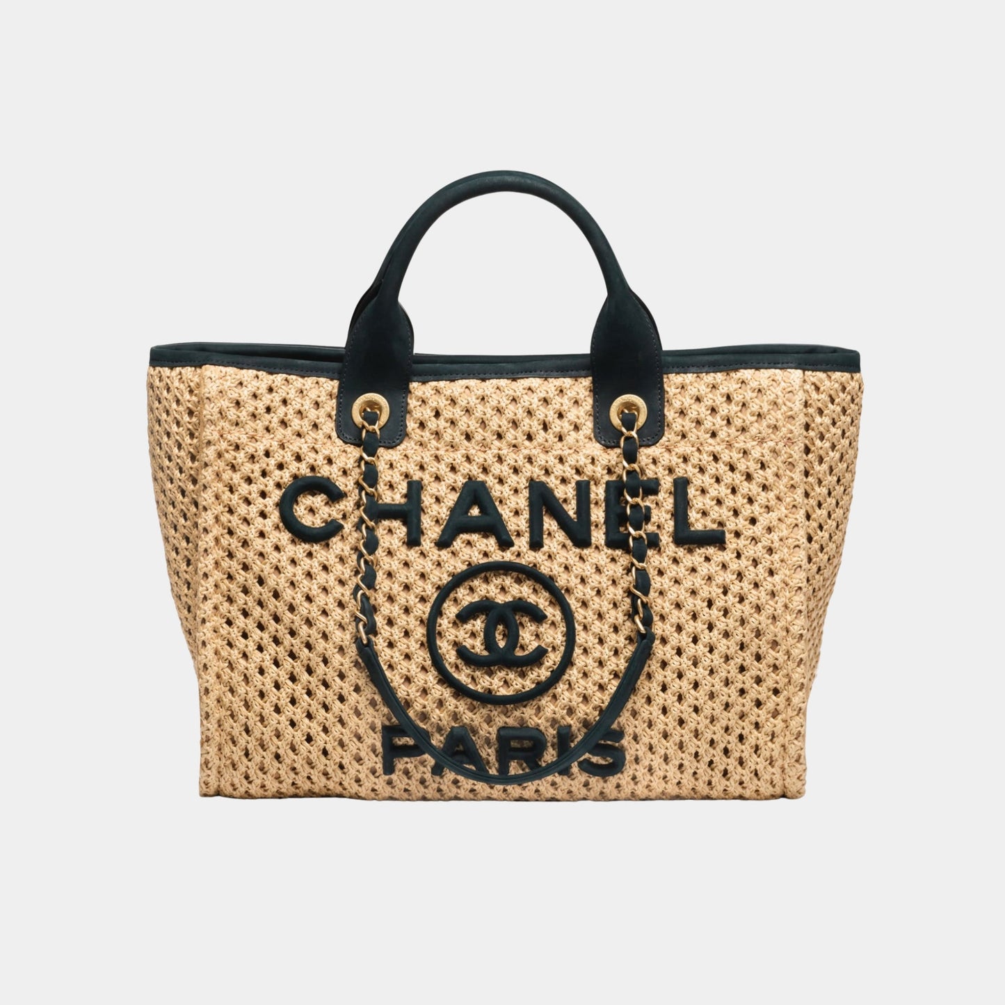 Shopping Bag Braided Straw & Suede Calfskin in Beige & Black