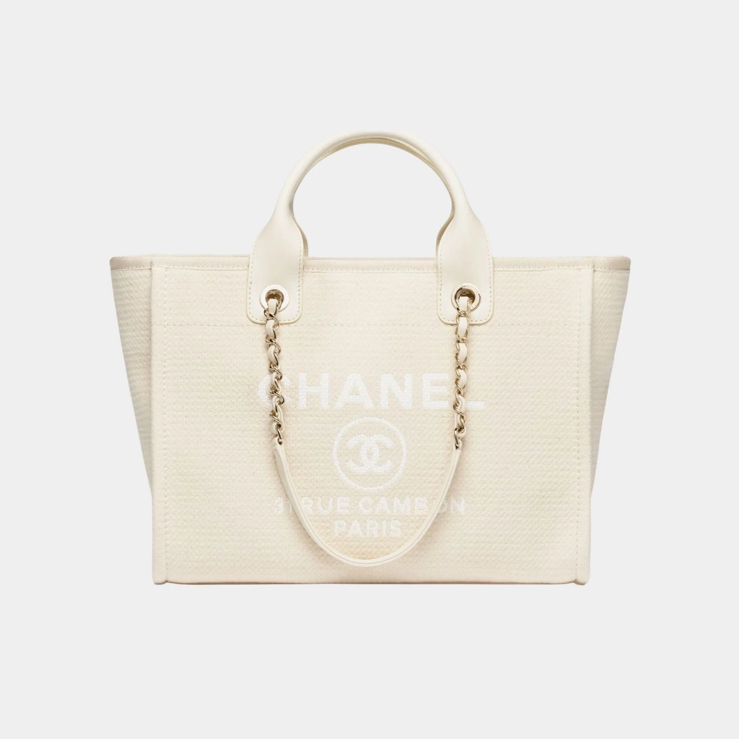 Shopping Bag Canvas & Gold Tone Metal Light Beige