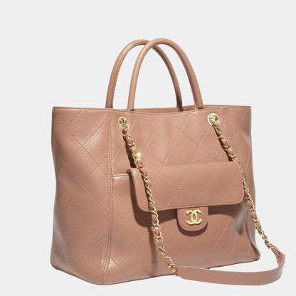 Shopping Bag Grained Calfskin & Gold Tone Metal Brown