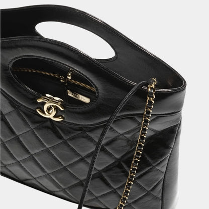 Shopping Bag Shiny Lambskin & Gold Tone Metal Black