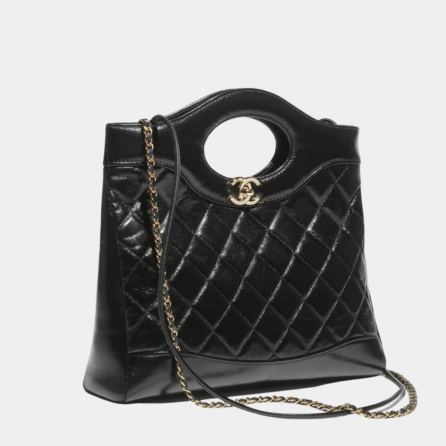Shopping Bag Shiny Lambskin & Gold Tone Metal Black