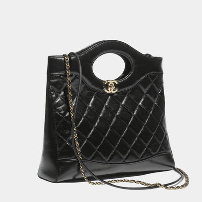 Shopping Bag Shiny Lambskin & Gold Tone Metal Black