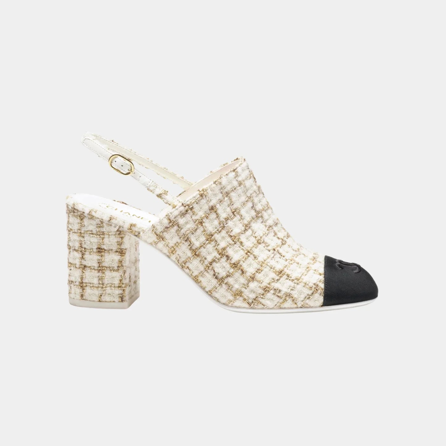 Chanel Slingbacks in Wool, Mohair Tweed & Grosgrain, Ecru, Beige, Gold, Side