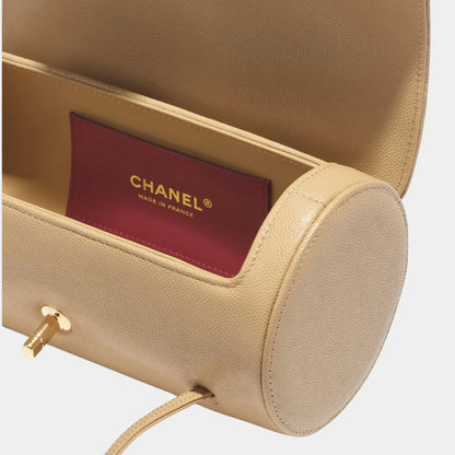 Small Bowling Bag Grained Calfskin & Gold tone Metal Dark Beige