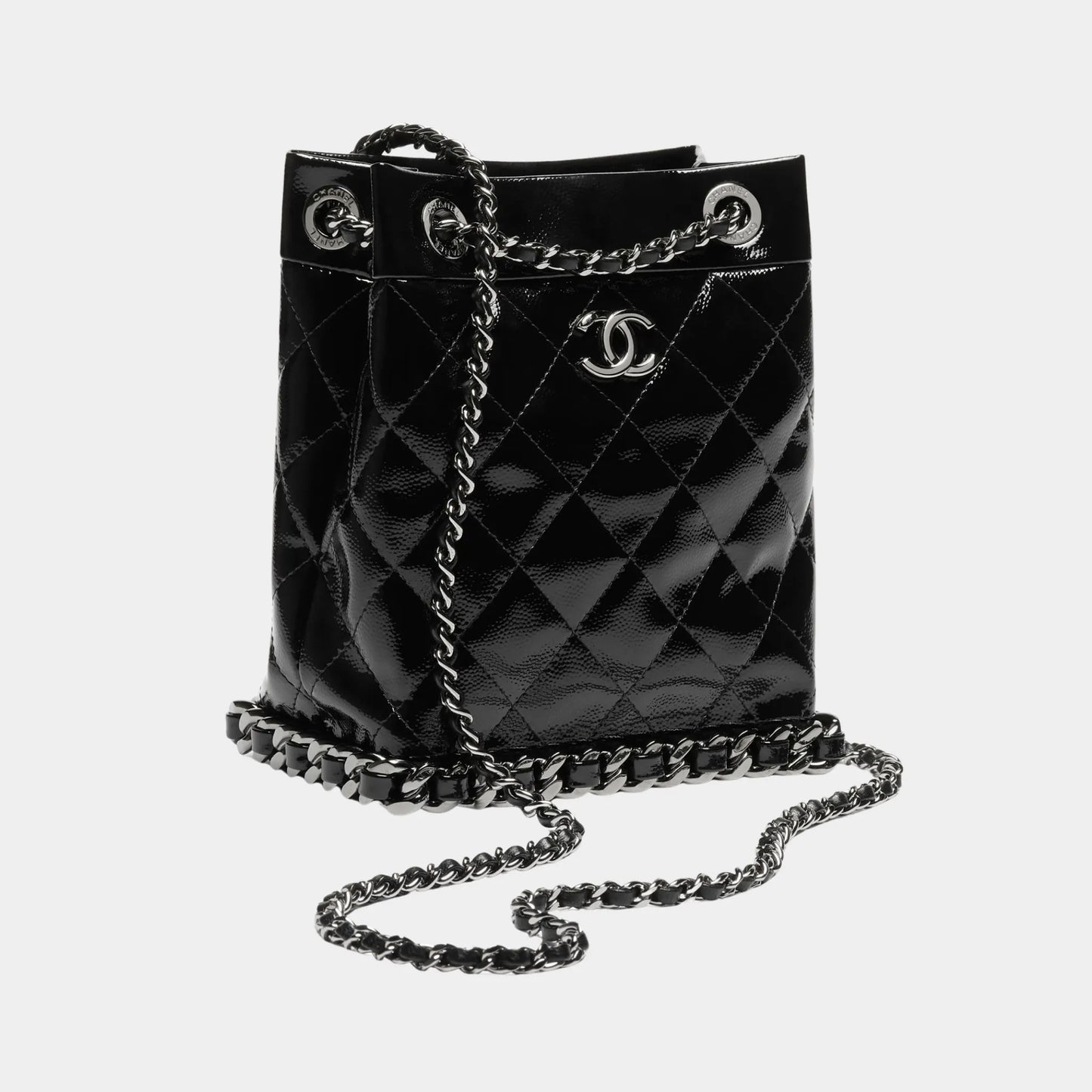 Small Bucket Bag Crumpled Patent Calfskin & Ruthenium-Finish Metal Black