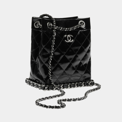 Small Bucket Bag Crumpled Patent Calfskin & Ruthenium-Finish Metal Black