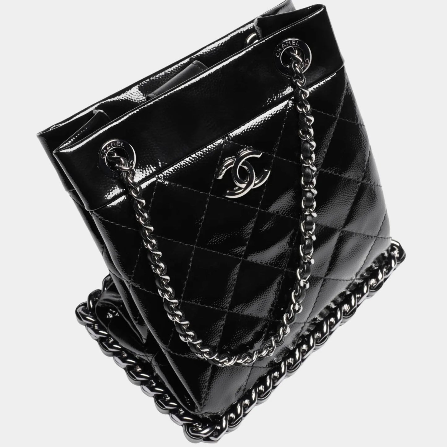 Small Bucket Bag Crumpled Patent Calfskin & Ruthenium-Finish Metal Black