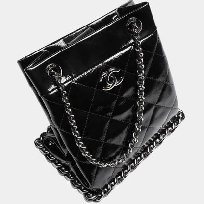 Small Bucket Bag Crumpled Patent Calfskin & Ruthenium-Finish Metal Black