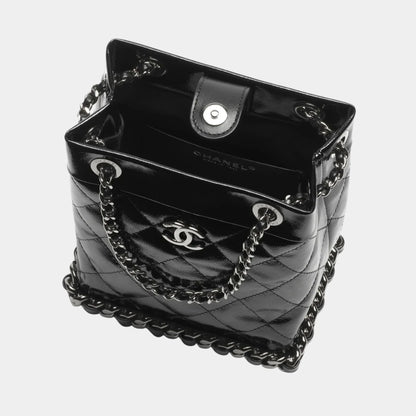 Small Bucket Bag Crumpled Patent Calfskin & Ruthenium-Finish Metal Black