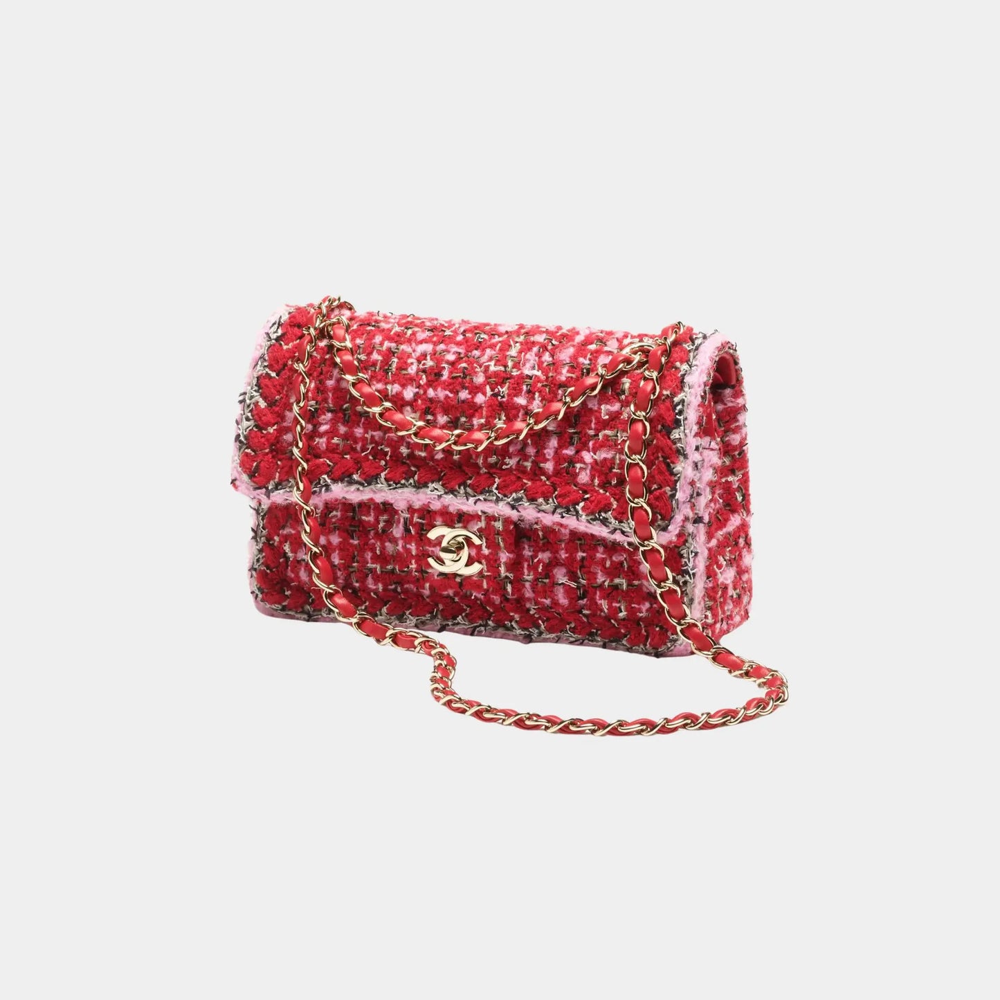 Chanel Small Classic Bag Tweed & Gold Metal Red Pink & Black, Front