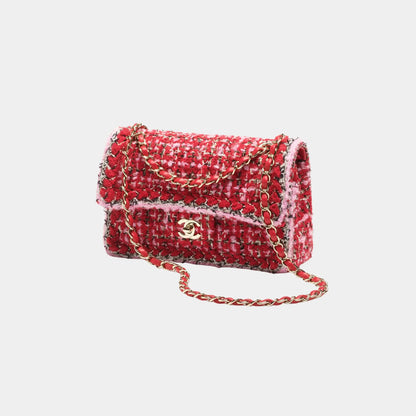 Chanel Small Classic Bag Tweed & Gold Metal Red Pink & Black, Front