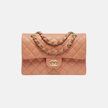 Small Classic Handbag Grained Shiny Calfskin in Gold Tone Metal