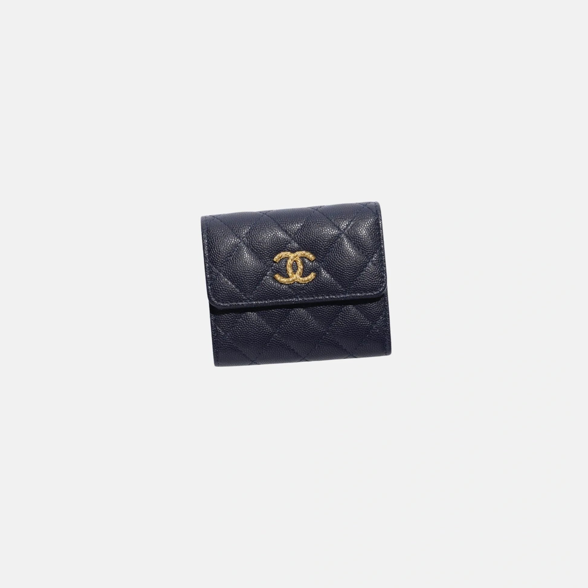 Chanel Small Double Wallet in Shiny Grained Calfskin in Dark Blue, Front