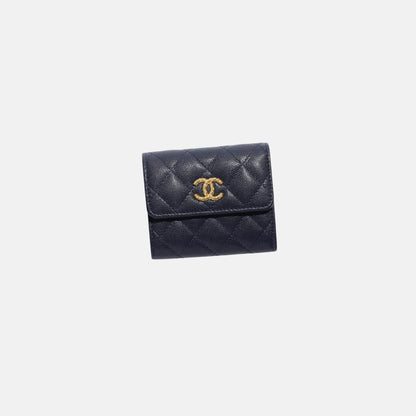 Chanel Small Double Wallet in Shiny Grained Calfskin in Dark Blue, Front