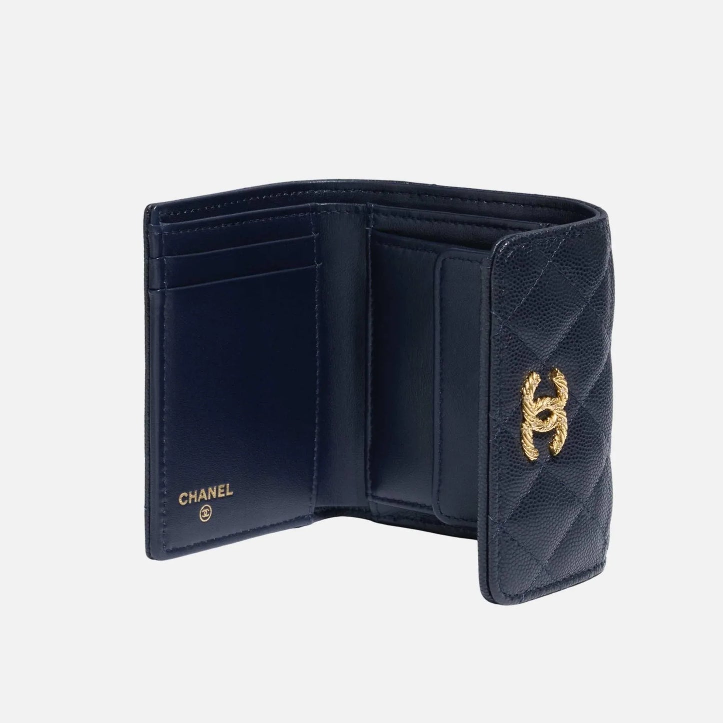 Small Double Wallet in Shiny Grained Calfskin Dark Blue with Gold Tone Metal