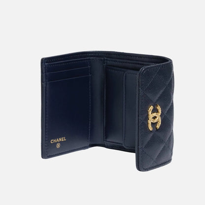Small Double Wallet in Shiny Grained Calfskin Dark Blue with Gold Tone Metal