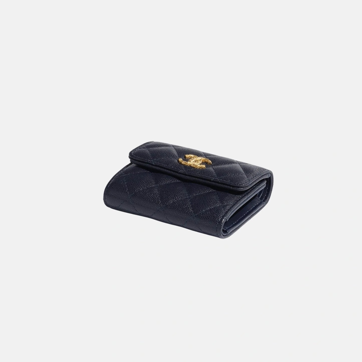 Small Double Wallet in Shiny Grained Calfskin Dark Blue with Gold Tone Metal