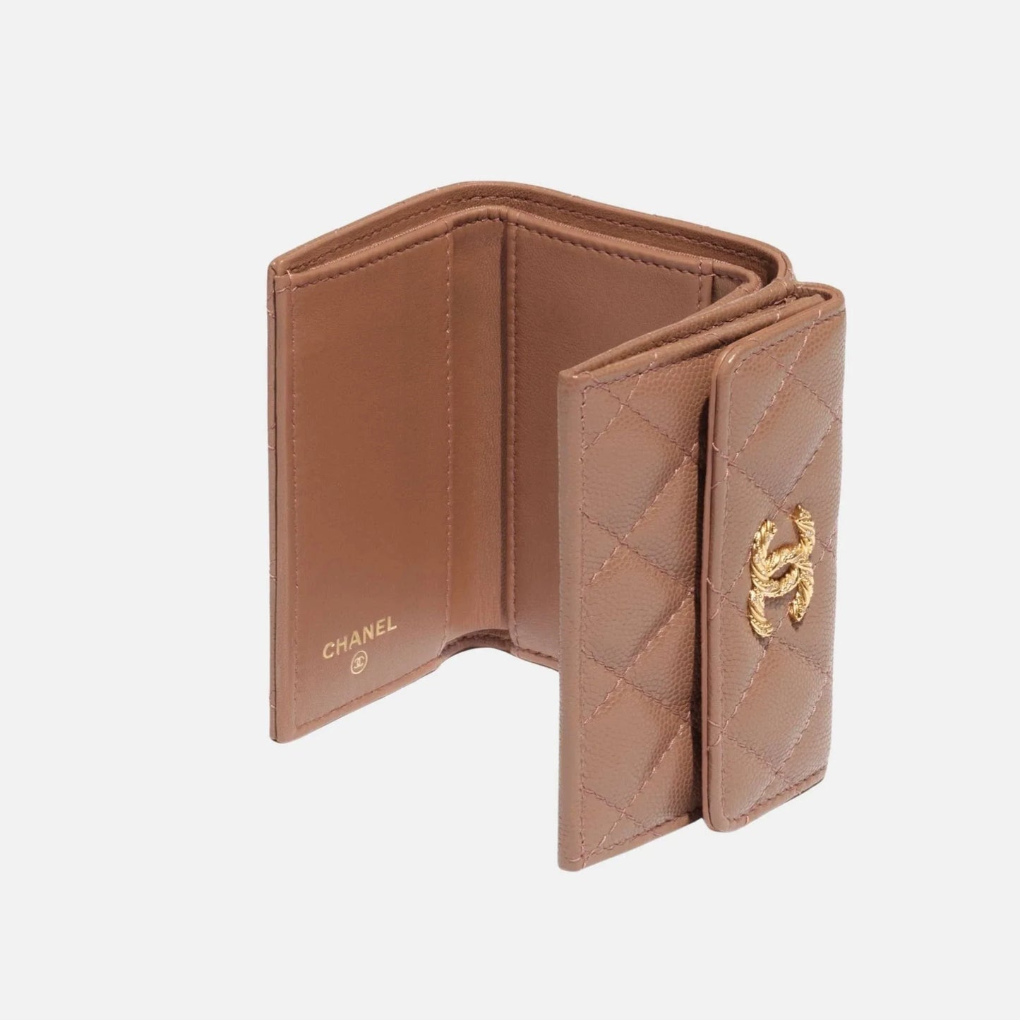 Small Double Wallet in Shiny Grained Calfskin Strass and Gold Tone Metal