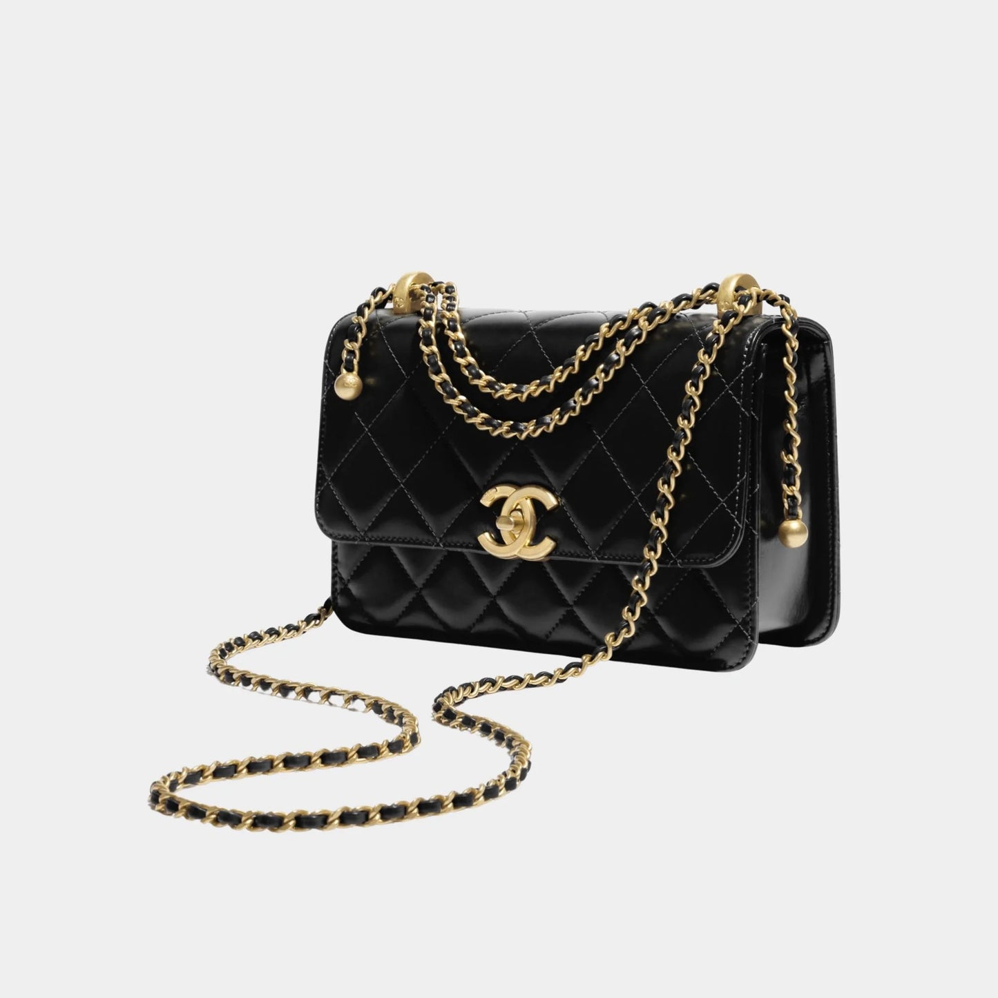 Small Flap Bag Shiny Calskin & Gold Tone Metal Black