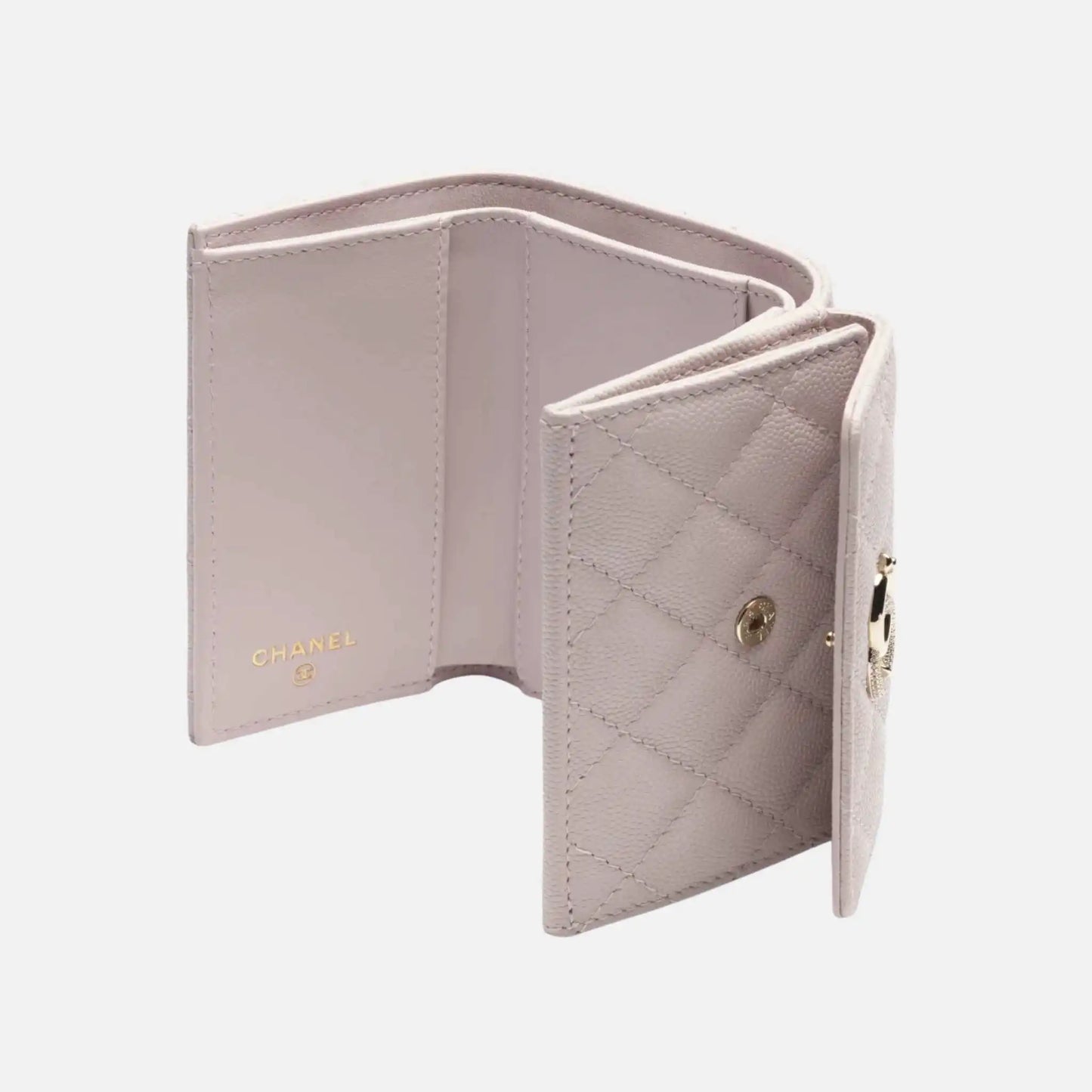 Small Flap Wallet Shiny Grained Calfskin Strass Gold Tone Metal