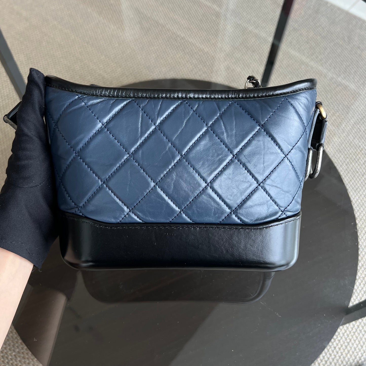 Small Gabrielle Hobo Quilted Calfskin Dark Blue Black Two-Tone Hardware