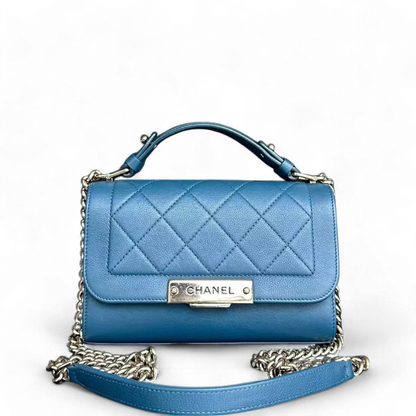 Chanel Label Click Flap Small - Quilted Grained Calfskin Blue Golden Hardware Series 23