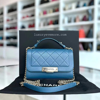 Chanel Label Click Flap Small - Quilted Grained Calfskin Blue Golden Hardware Series 23