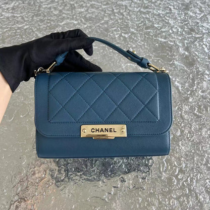 Chanel Label Click Flap Small - Quilted Grained Calfskin Blue Golden Hardware Series 23