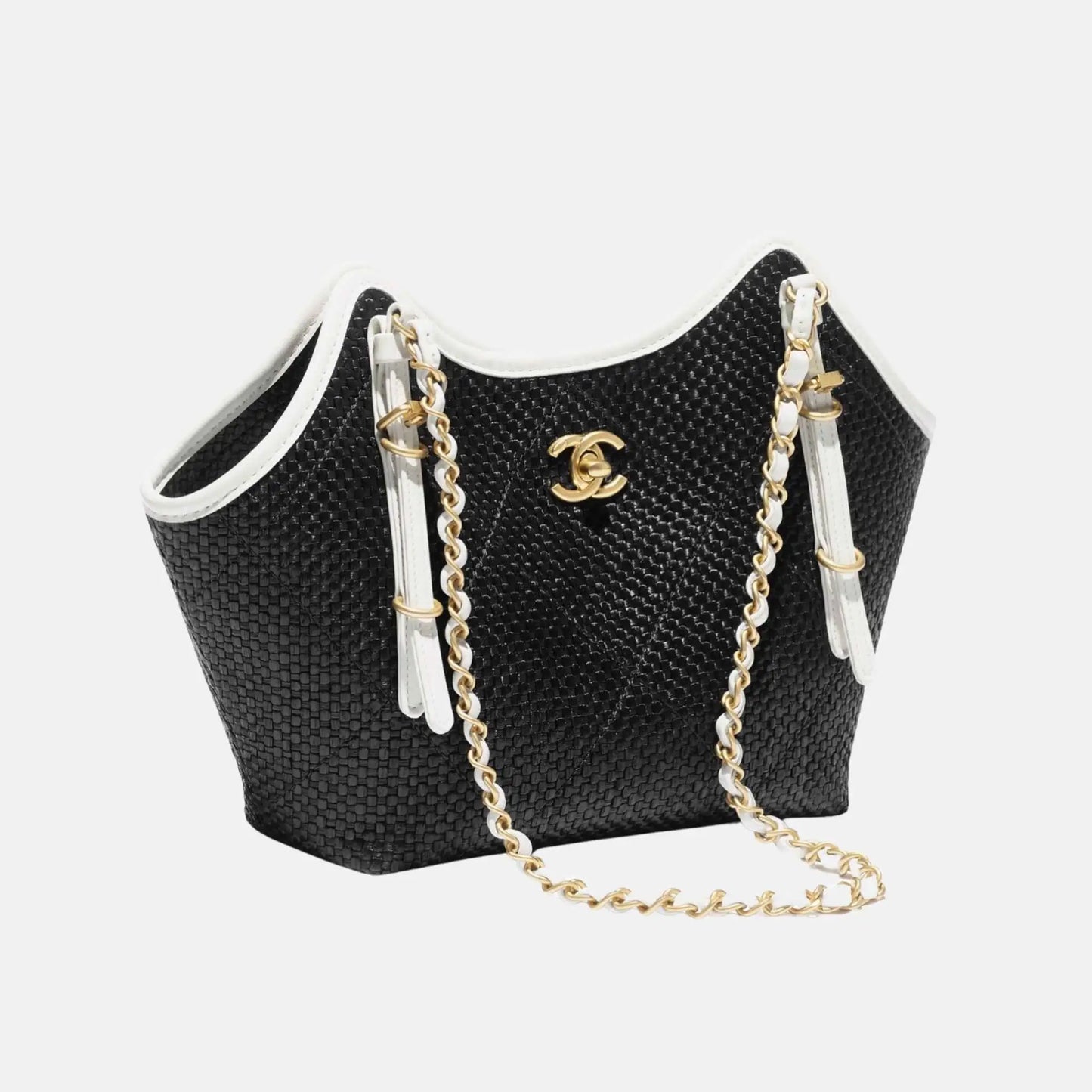 Small Tote in Braided Raffia Calfskin and Gold Tone Metal