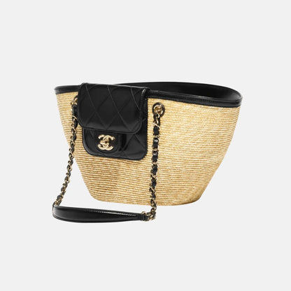 Small Tote Braided Straw Lambskin Gold Tone Metal