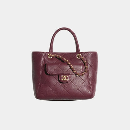 Small Tote Grained Calfskin & Gold Tone Metal Dark Burgundy