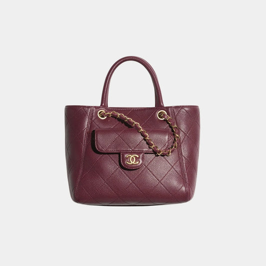 Small Tote Grained Calfskin & Gold Tone Metal Dark Burgundy