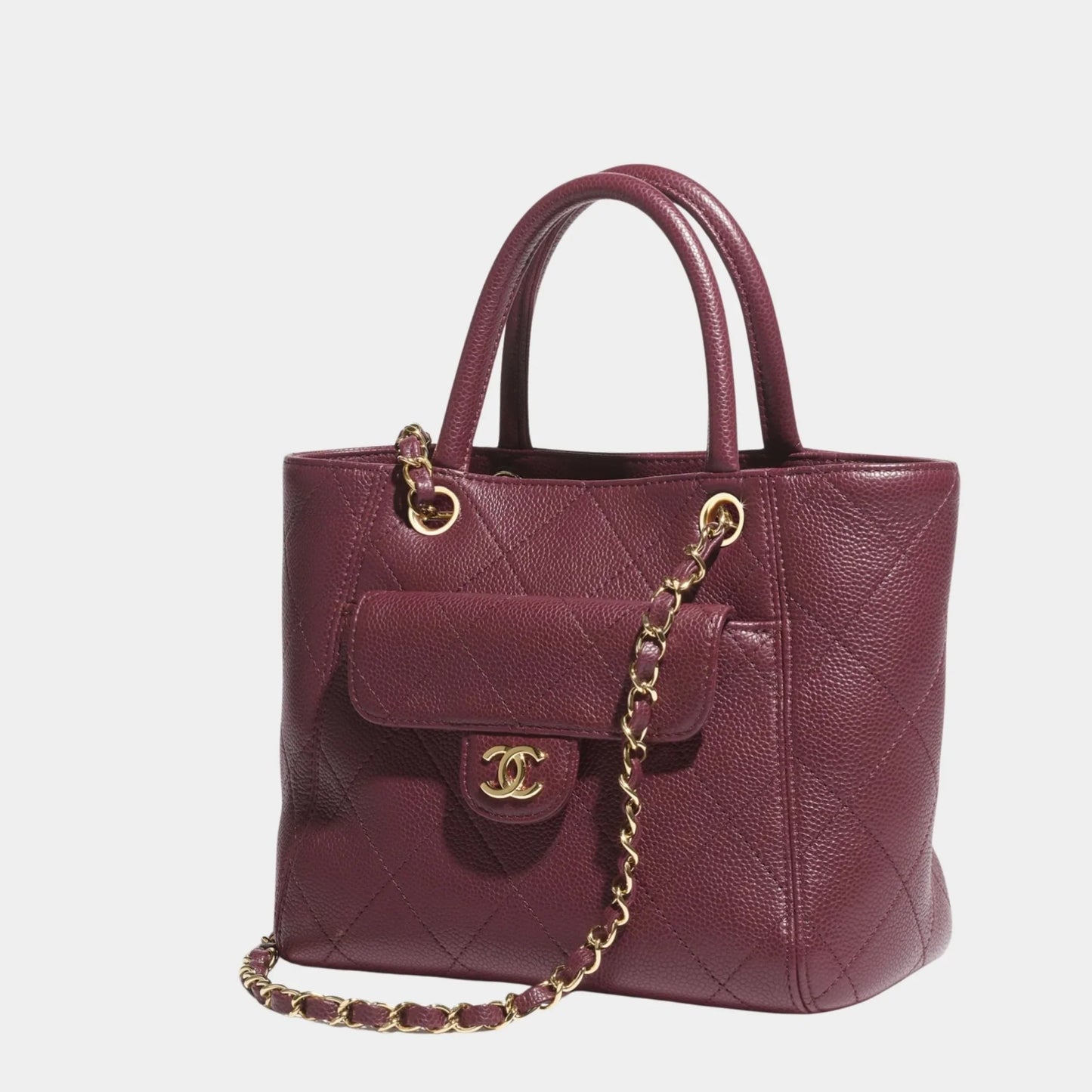 Small Tote Grained Calfskin & Gold Tone Metal Dark Burgundy