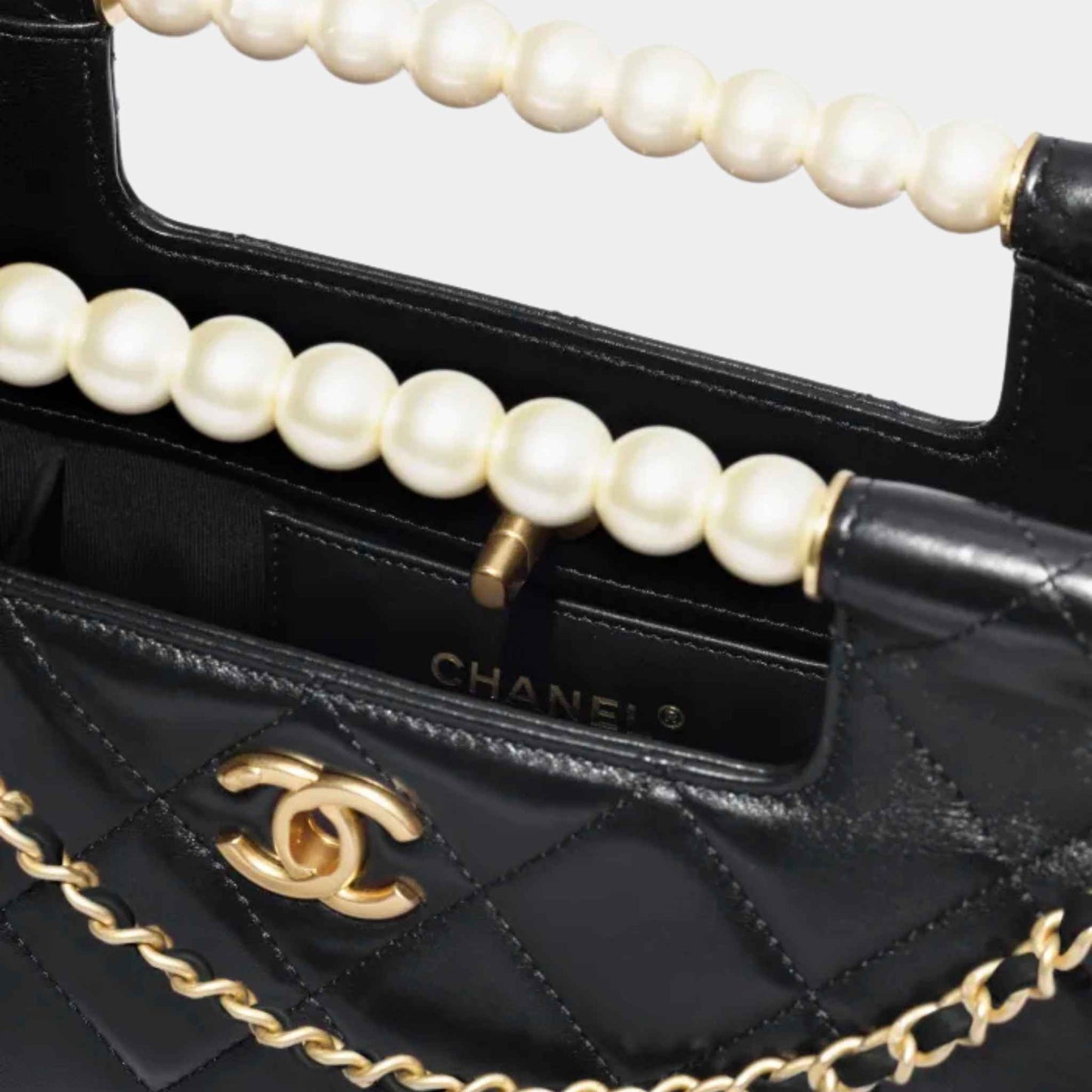 Small Tote Shiny Lambskin Pearls Gold-Tone Metal Black