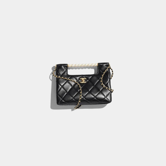 Small Tote Shiny Lambskin Pearls Gold-Tone Metal Black