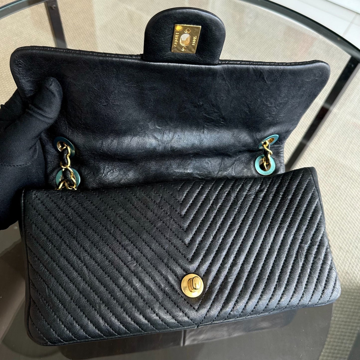 Surpique CC Herringbone Medallion Chevron Goatskin Medium Black GHW No 21
