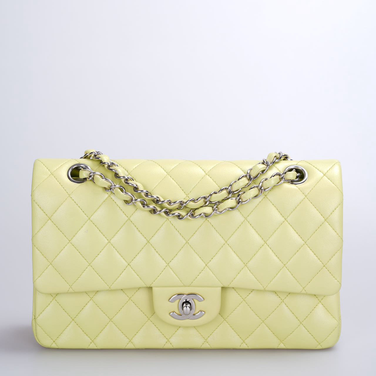 Chanel Medium Timeless Flap Bag In Pastel Butter Yellow Color With Silver Hardware