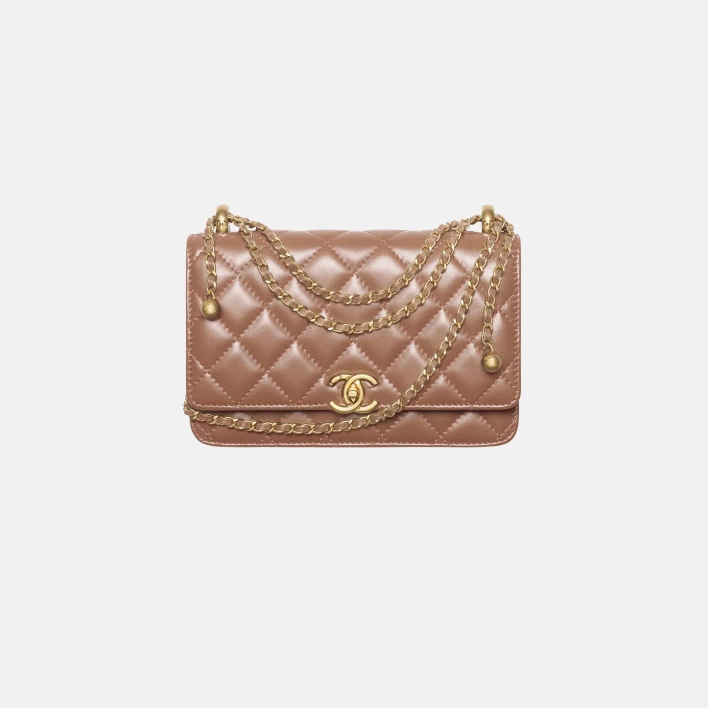 Chanel Wallet on Chain in Shiny Calfskin and Gold Tone Metal, Brown, Front