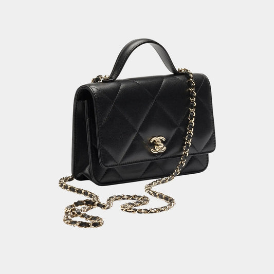Wallet On Chain Shiny Grained Calfskin & Gold Metal Black