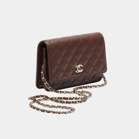 Wallet On chain Shiny Grained Calfskin Rhinestones & Gold Metal Dark Brown