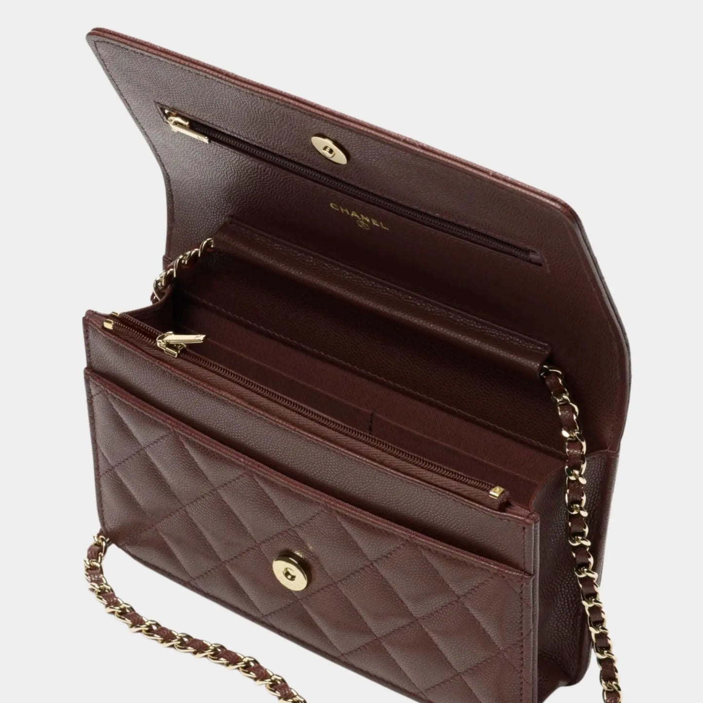Wallet On chain Shiny Grained Calfskin Rhinestones & Gold Metal Dark Brown