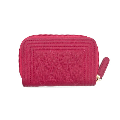 Chanel Berry Red Caviar Boy Zip Around Coin Purse / Cardholder