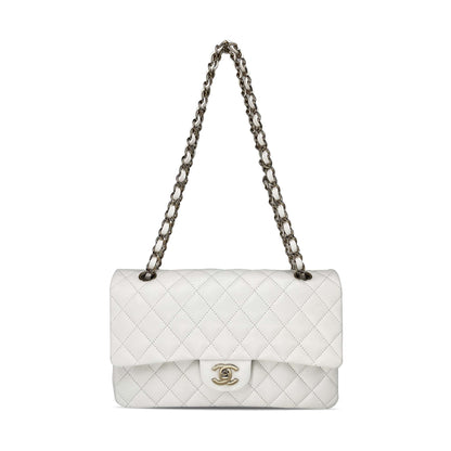 Pre owned Chanel optic white caviar leather double flap closure designer bag
