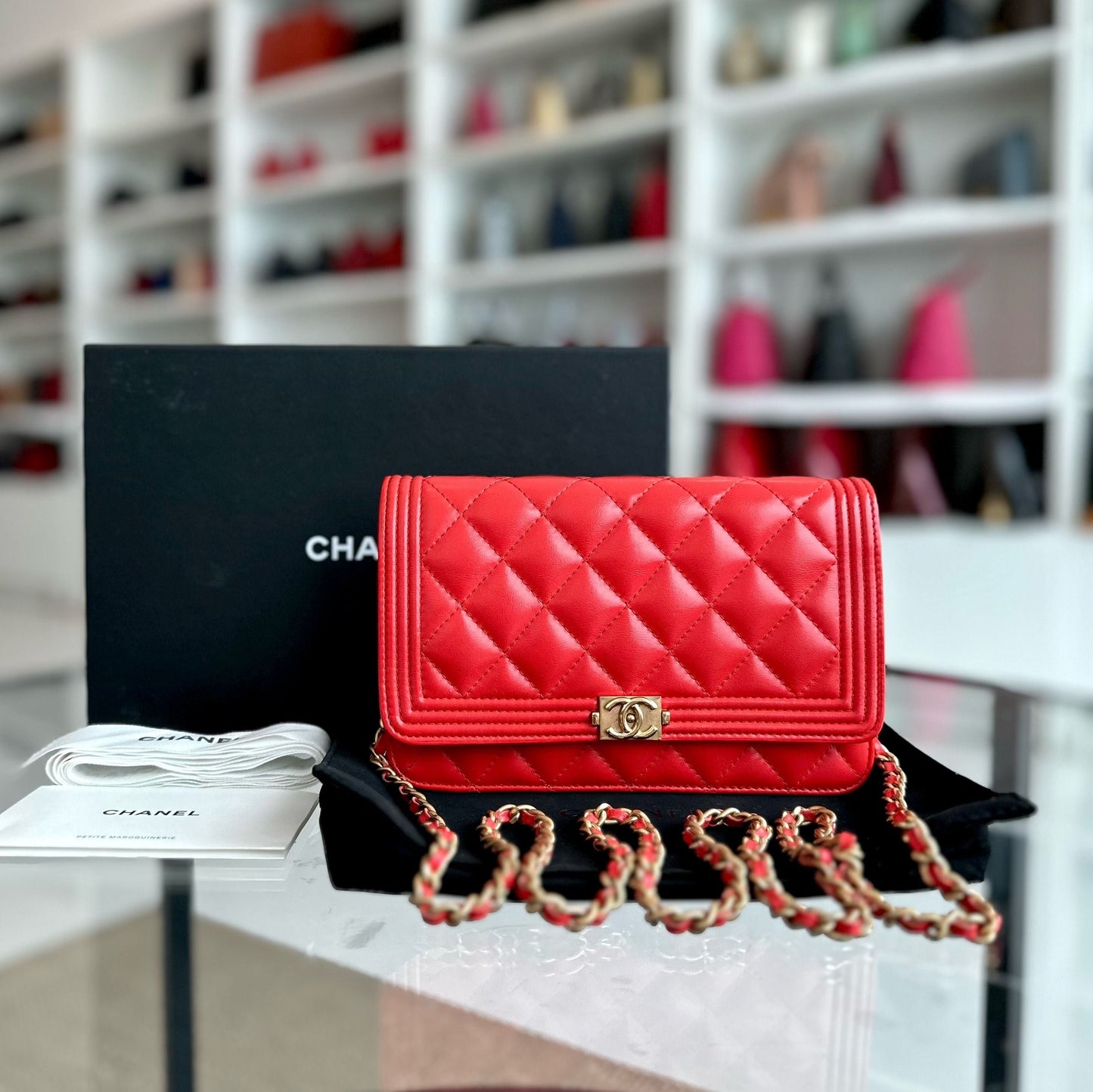 WOC Wallet On Chain Boy Lambskin Salmon Red GHW No 23
